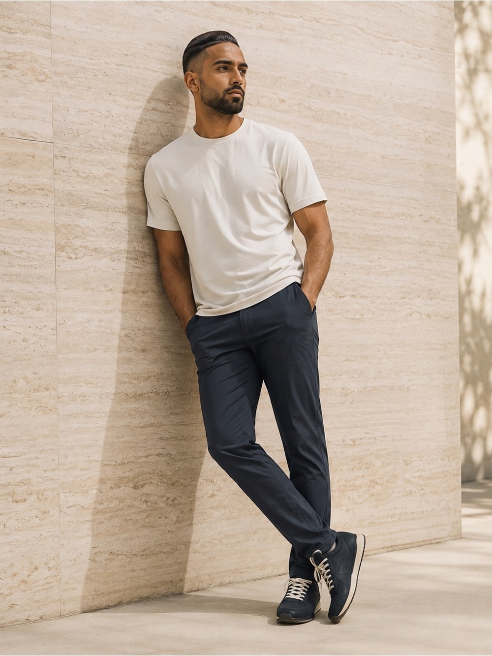 Vuori Navy Slim Stretch Chinos with Cream Tee